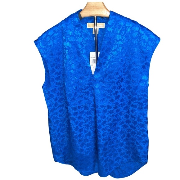 NWT MICHAEL Michael Kors l Fleur Jacquard Sleeveless Silk top PM Grecian Blue - Picture 3 of 15
